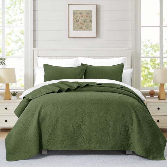 Bourina Modern Floral 3-Piece Quilt Set– King,Green,Lightweight & Comfortable For Adults