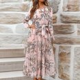 thumbnail image 1 of Ovzne Robes Grande Taille pour Femmes aux Formes Robe pour Femme Mode Femmes Imprimé Floral Col Rond à Lacets Manches Longues Manches Évasées Taille Rétractable Robe Plissée Robe Grande Taille Manches Longues, 1 of 7