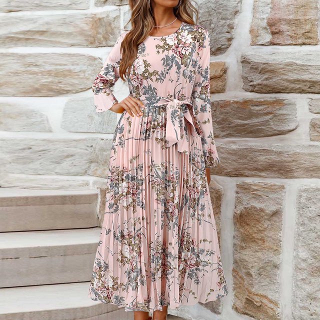 Ovzne Robes Grande Taille pour Femmes aux Formes Robe pour Femme Mode Femmes Imprimé Floral Col Rond à Lacets Manches Longues Manches Évasées Taille Rétractable Robe Plissée Robe Grande Taille Manches Longues
