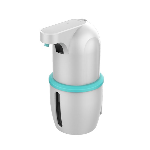 Amdohai 275mL Automatic Foam Soap Dispenser Touchless Foaming Soap Dispenser USB in a modern white and teal design. Features a compact, rounded body with a visible soap level indicator and a touchless infrared sensor for hygienic use. Suitable for countertop or wall-mounted installation, powered by a USB-rechargeable 1200mAh battery. Ideal for kitchens, bathrooms, and other spaces.