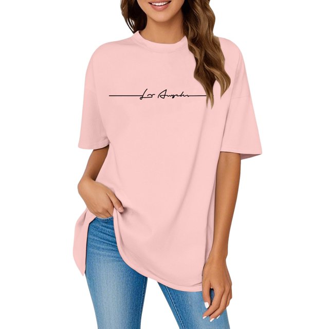 JIRNDf Hauts pour Femmes T-Shirts d'Été Tendance Imprimé Lettres Surdimensionné Col Rond Manches Courtes Décontracté Sport Ample Décontracté Simple T-Shirts Graphiques Mignons pour Adolescentes Rose TTG