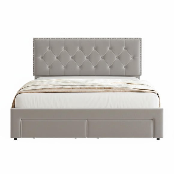 Vintage Upholstered Platform Bed Frame with Storage Drawers - Button Tufted Wingback Headboard, Noise-Free, No Box Spring Required