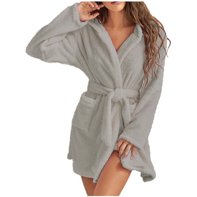AherBiu Plus Size Robes for Women Fuzzy Fleece Lightweight Bathrobes Plush Warm Soft Mini Robe with Pockets