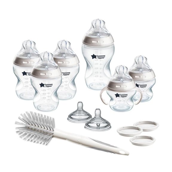 Ensemble de biberons Tommee Tippee Natural Start: biberons de 5 oz, 9 oz, 11 oz, débit moyen et épais, tétines effet sein avec valves anticoliques, poignées amovibles, autostérilisants.