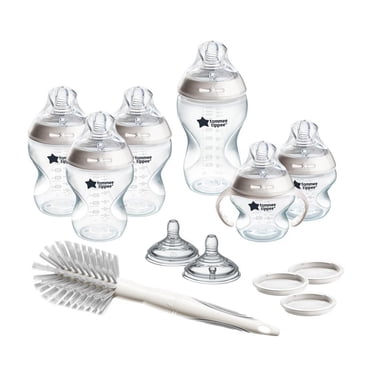 Ensemble de biberons Tommee Tippee Natural Start: biberons de 5 oz, 9 oz, 11 oz, débit moyen et épais, tétines effet sein avec valves anticoliques, poignées amovibles, autostérilisants.