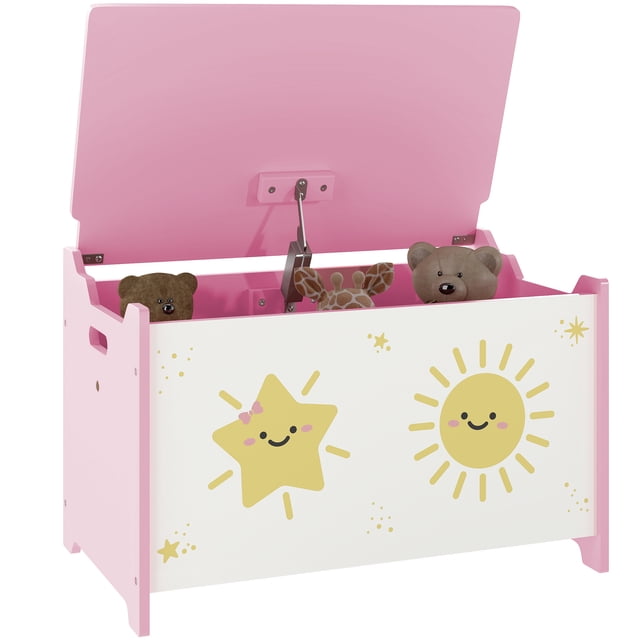 Qaba Kids Storage Chest with Lid, Safety Hinges and Groove Handles, Pink centered front-facing view of a pink MDF kids' storage chest with painted and printed finish; safety hinge shown partially open, groove handles on sides, overall 23.6" x 14.6" x 15.4" (60 x 37 x 39 cm), supports 44 lb (20 kg), ideal toy storage for nursery or playroom and also suitable for craft supplies.