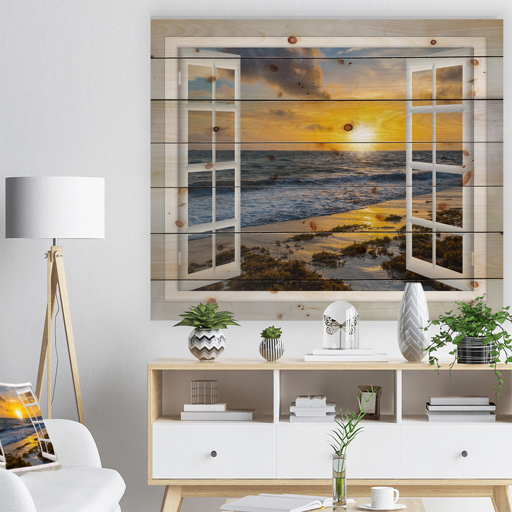 Tableau sur toile imprimée Design Art Paysage marin moderne Couchée de soleil jaune brillant à travers une fenêtre