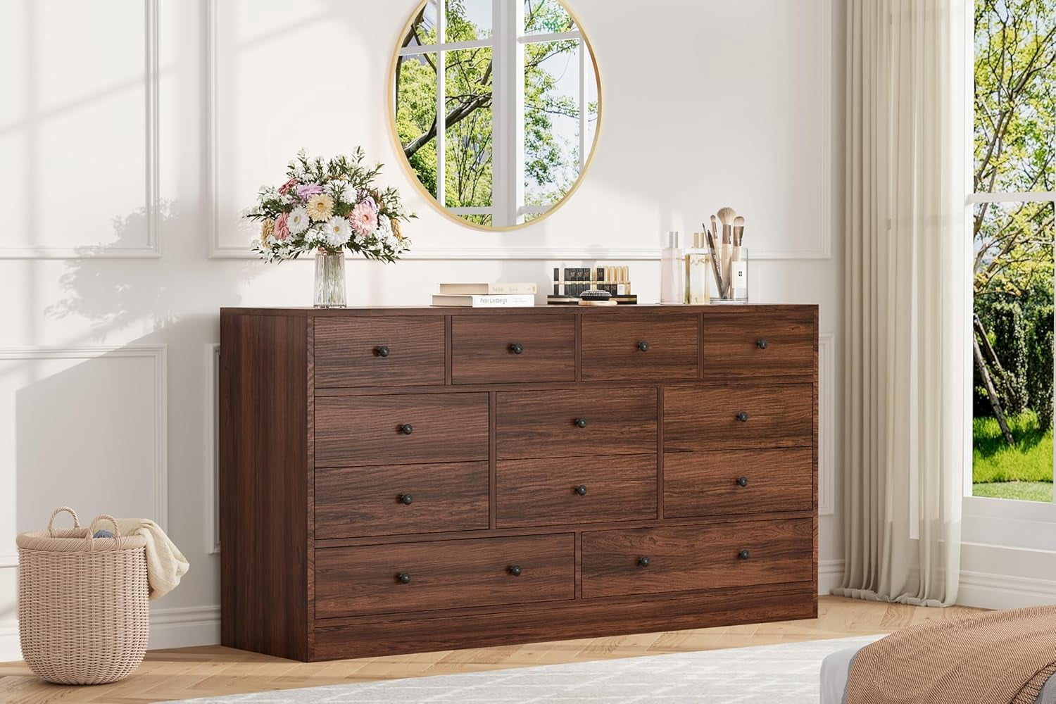 12 Drawer Dresser for Bedroom, 61 in Long Modern Brown Dresser TV Stand with Charging Station, Large Wooden Chest Od Drawers for Nursery, Closet, Living Room