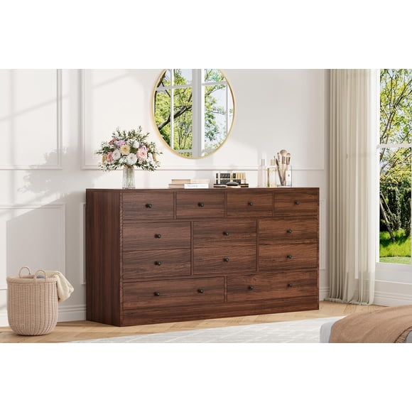 12 Drawer Dresser for Bedroom, 61 in Long Modern Brown Dresser TV Stand with Charging Station, Large Wooden Chest Od Drawers for Nursery, Closet, Living Room
