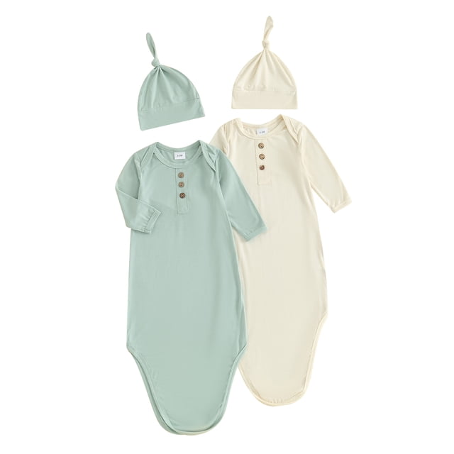 Gupgi 2 Pack Newborn Baby Sleeping Sack 0-3 Months Solid Color Long Sleeve Baby Swaddle Sleep Bag and Hat. Features two wearable blankets in pastel solid colors, one green and one cream, with long sleeves, button closures, and matching knotted beanie hats. Ideal for baby girl sleepsacks, made from soft cotton-spandex blend for lightweight warmth and comfort.