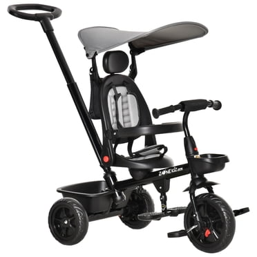 Qaba Kids Tricycle 4 In 1 Trike with Reversible Angle Adjustable Seat Removable Handle Canopy Handrail Belt Storage Footrest Brake Clutch for 1-5 Years Old Grey