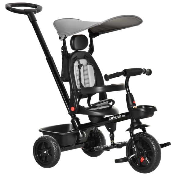 Qaba Tricycle pour Enfants 4 en 1 Tricycle avec Siège Réversible à Angle Ajustable Poignée Amovible Auvent Main Courante Ceinture Rangement Repose-Pieds Frein Embrayage pour 1-5 Ans Gris