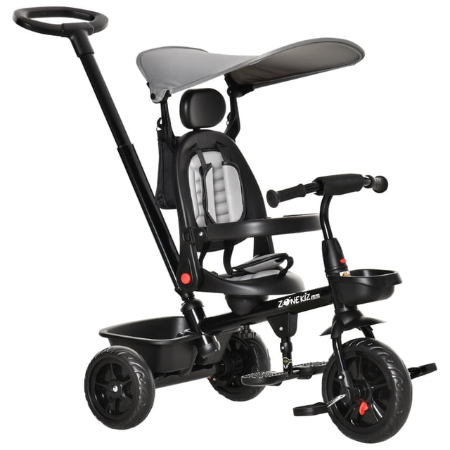 Qaba Tricycle 4 en 1 pour Enfants Gris avec Siège Réversible à Angle Ajustable, Poignée Amovible, Auvent, Main Courante et Ceinture. Comprend un Repose-Pieds Pliable, des Roues en EVA Entièrement Fermées et une Ceinture de Sécurité à 3 Points. Comprend Deux Paniers de Rangement, une Poche de Rangement et une Poignée de Poussée Ajustable. Convient aux Enfants de 1 à 5 Ans, avec une Capacité de Charge de 55 Lb.