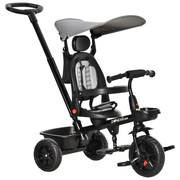 Qaba Kids Tricycle 4 In 1 Trike with Reversible Angle Adjustable Seat Removable Handle Canopy Handrail Belt Storage Footrest Brake Clutch for 1-5 Years Old Grey
