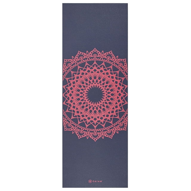 Gaiam 4MM Yoga Mat Pink and Navy Fleur Marrakesh — front-facing full-length view of a 68-inch (173 cm) x 24-inch (61 cm) 4mm mat with pink and navy Marrakesh floral pattern, textured non-slip surface, stain-resistant finish, non-toxic, PVC- and latex-free; rolls tight for storage and suitable for yoga, pilates or studio use.