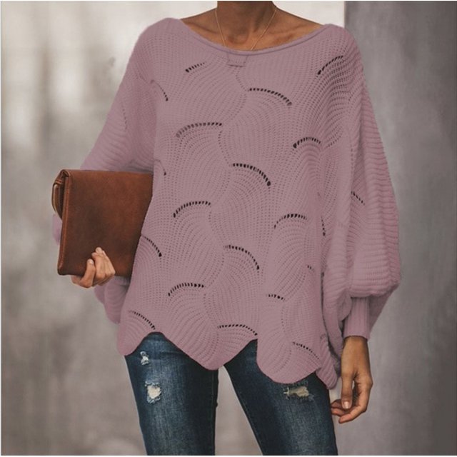 Tralilbee Nouveau Chandail de Mode Polyvalent Grande Taille à Col Rond Ample Décontracté avec Trous Manches Lanterne Chandail Tricoté Chandail pour Femme