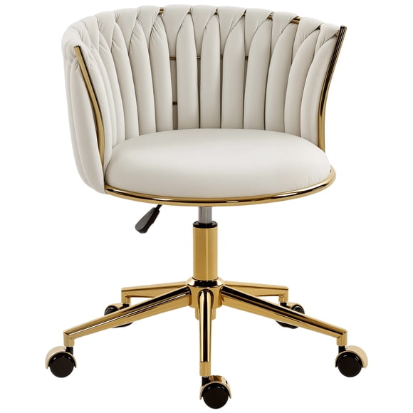HOMCOM Office Chair, Swivel Vanity Chair with Woven Back, Cream White