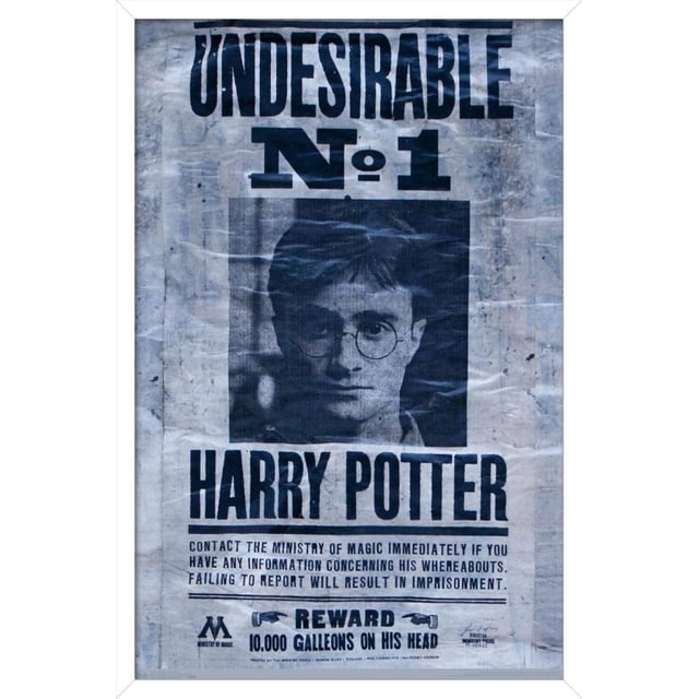The Wizarding World: Harry Potter - Undesirable Wall Poster, 22.375" x 34", a vintage-style black and white wanted poster with bold text 'UNDESIRABLE No. 1 HARRY POTTER' and a 10,000 Galleons reward notice, printed on glossy paper with a distressed texture, suitable for themed room or party decor.