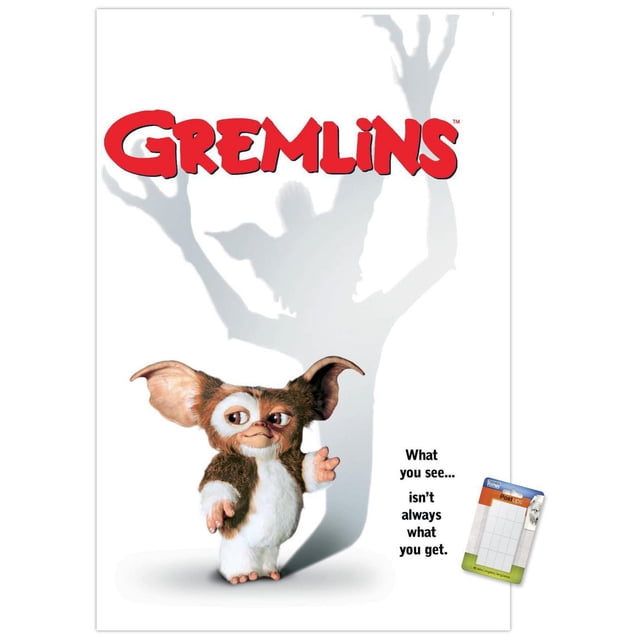 Gremlins - One Sheet Wall Poster, 22.375" x 34" depicting a small furry creature with large ears standing on a white background casting a shadow with raised clawed hands, accompanied by the text 'What you see... isn't always what you get.' and a small image of a Post-its pack in the bottom right corner.