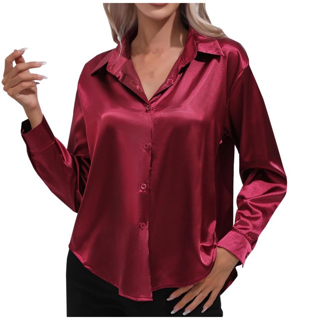 IROINID Rabais Chemises à Manches Longues Col en V pour Femmes Cardigan d'Été Décontracté Aguichant Hauts de Chevet Réguliers Blouse à Manches Longues Unie, Bourgogne