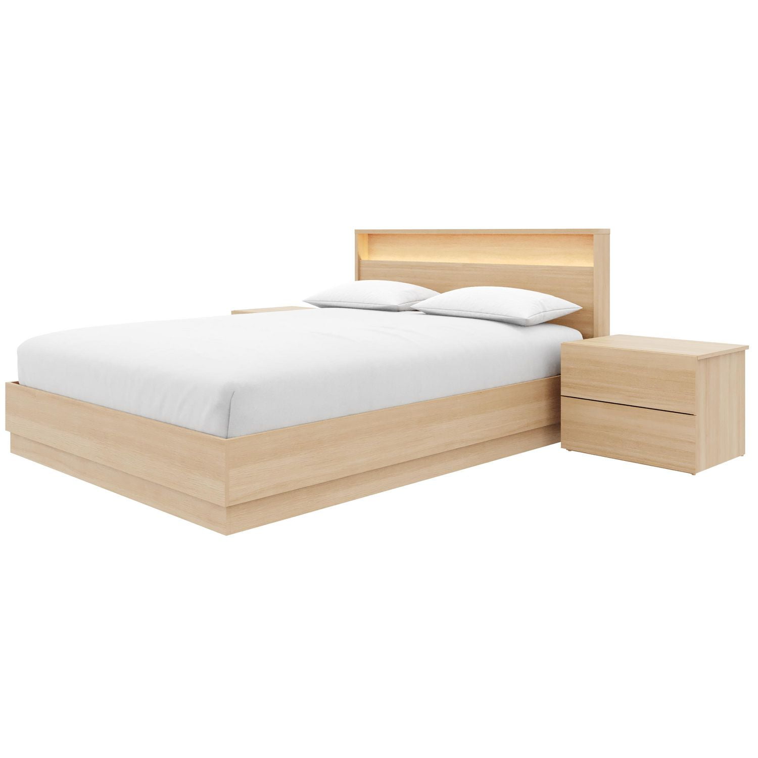 Chambre à coucher Hudson 4 pièces avec sommier à lattes, tête de lit avec éclairage intégré et 2 tables de chevet