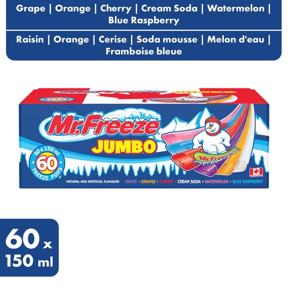 Mr. Freeze 60CTX150ml Jumbo Freeze Pops - Grape, Orange, Cherry, Cream Soda, Watermelon, Blue Raspberry