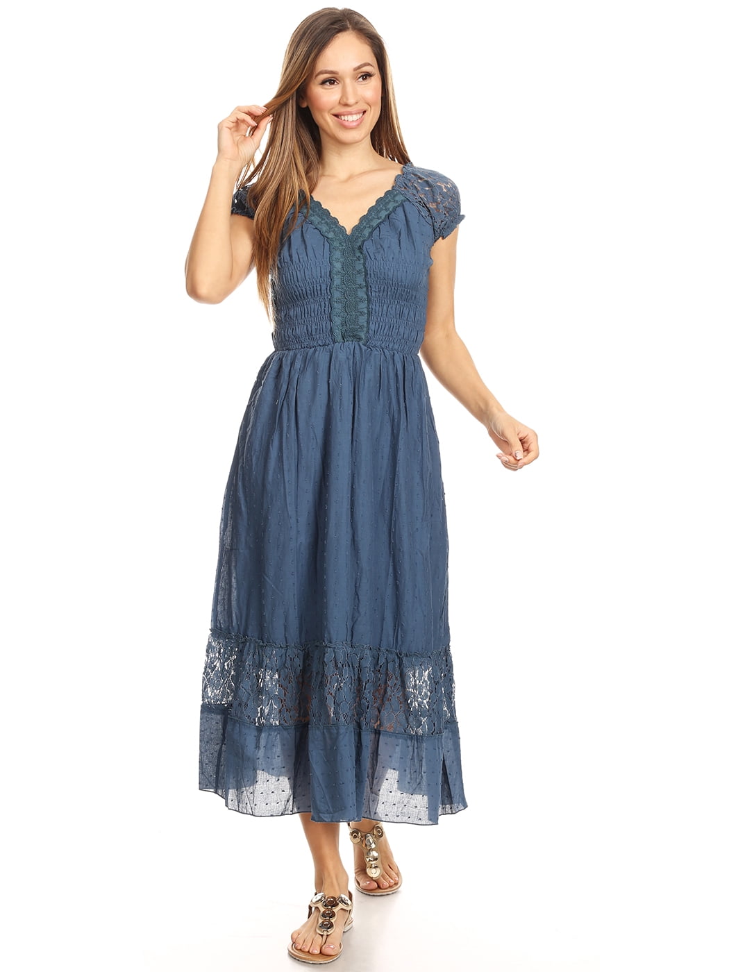 Women Renaissance Peasant Maiden Boho Inspired Cap Sleeve Lace Trim Maxi Dress, Blue, X-Large