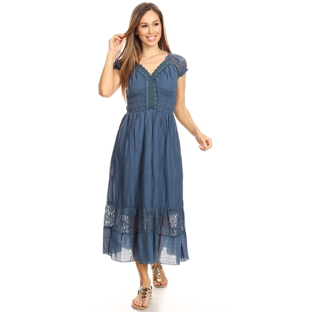 Women Renaissance Peasant Maiden Boho Inspired Cap Sleeve Lace Trim Maxi Dress