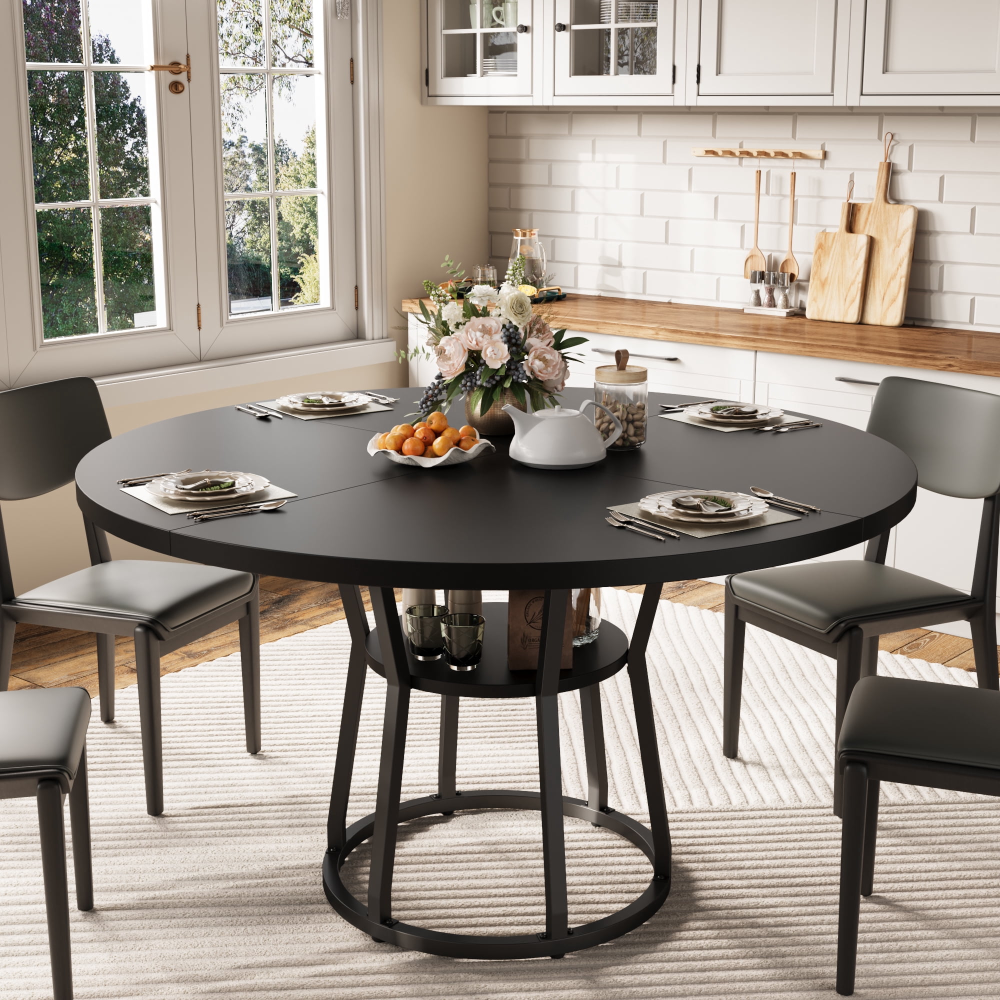 Table à manger ronde pour 4, table de cuisine en bois de 47,2 po avec étagère de rangement et base croisée, table à dîner circulaire économisant de l'espace, mobilier de cuisine et salle à manger rustique pour salon, salle à manger