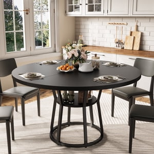 Round Dining Table for 4, 47.2'' Farmhouse Wooden Kitchen Table with Storage Shelf & Cross Base, Space Saving Circle Dinner Table, Rustic Kitchen & Dining Room Furniture for Living Room, Dining Room