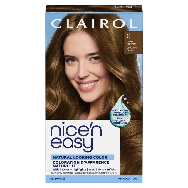 Clairol Nice'n Easy Permanent Hair Dye retail kit with front-facing box showing product name; kit contents listed on packaging include permanent color crème, color activating lotion, ColorSeal conditioner and gloves; notes 3-tone ColorBlend technology, 100% gray coverage and ME+ dye molecule; often used as a quick costume color touch-up.
