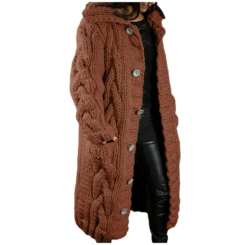 Women‘s Long Large Classic Cardigans Cable Knit Hood Sweater Oversized Button Duster Coat with Pocket 2024