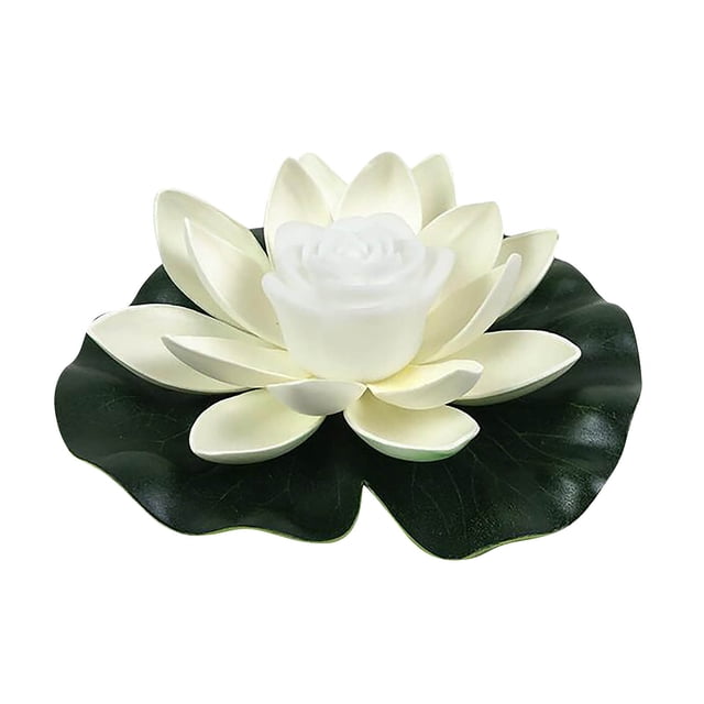 Floating Pool Lights for Swimming Pool Flower Lamp LED Latus with a white lotus-shaped design, detailed petals, and green artificial foam leaves. Ideal for pool lighting, ponds, gardens, and outdoor LED decor. Features a long-lasting LED light source with lifelike inkjet colors and a concealed switch on the petals for easy operation. Lightweight and buoyant for smooth floating.