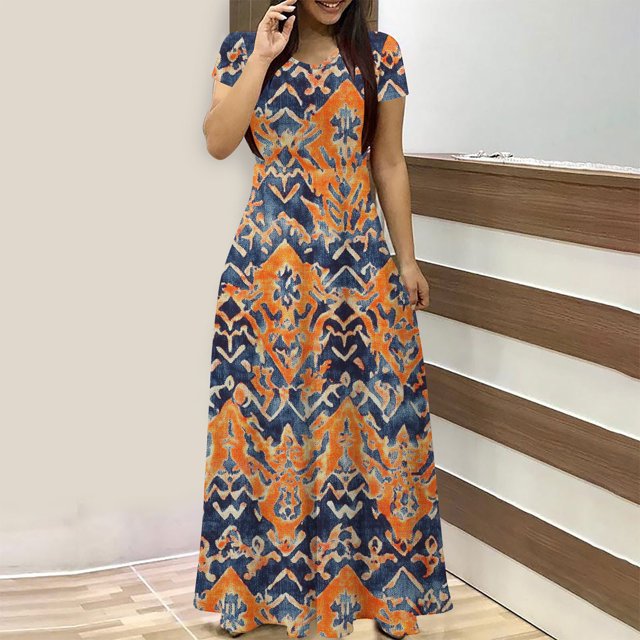 Ovzne Robes d'Été pour Femmes 2025 Robe Femmes Dames Mode Femmes Robe à Manches Courtes à Col Rond Robes Longues Imprimées Poche Grande Taille Robe Maxi Manches Courtes Imprimée Liquidation