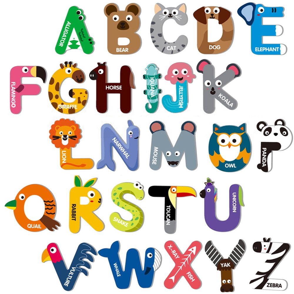 26Pcs Magnetic Letters Fridge Magnet Letters Toys Fun Cartoon Animals Magnetic Uppercase Letters Preschool Learning Spelling Games Educational Toy Set for Kids Over 3 Years Old