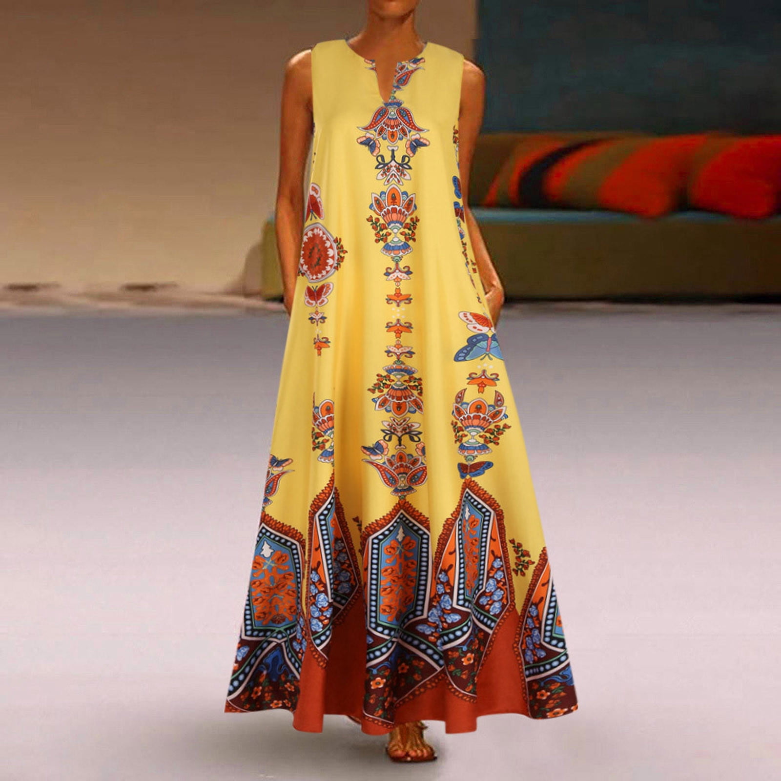 SMihono Robe Bohème d'Été pour Femmes Grande Taille Femmes Vintage Quotidienne Décontractée Sans Manches à Rayures Imprimée à Col en V Robe Maxi d'Été