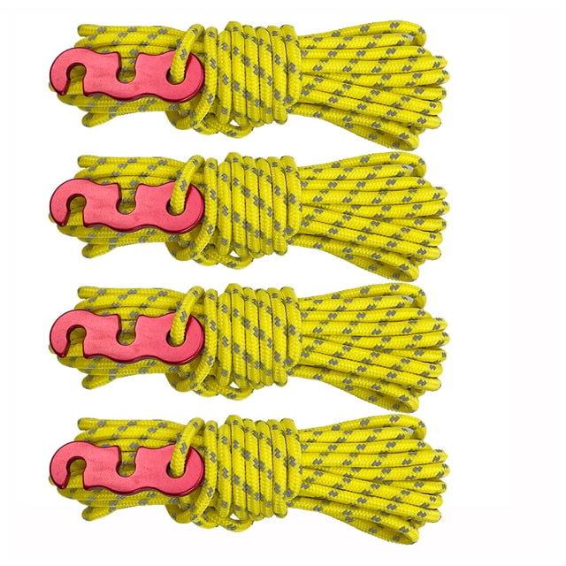 Thinsony 4 Pieces Tent Rope Hiking Wire Camping Supplies in multicolored design, featuring durable yellow PE material with reflective accents. Each rope measures approximately 4 meters in length and includes red hooks for secure fastening. Suitable for tent repair kits, outdoor use, windproof functionality, and multipurpose applications such as binding equipment or holding clothing.