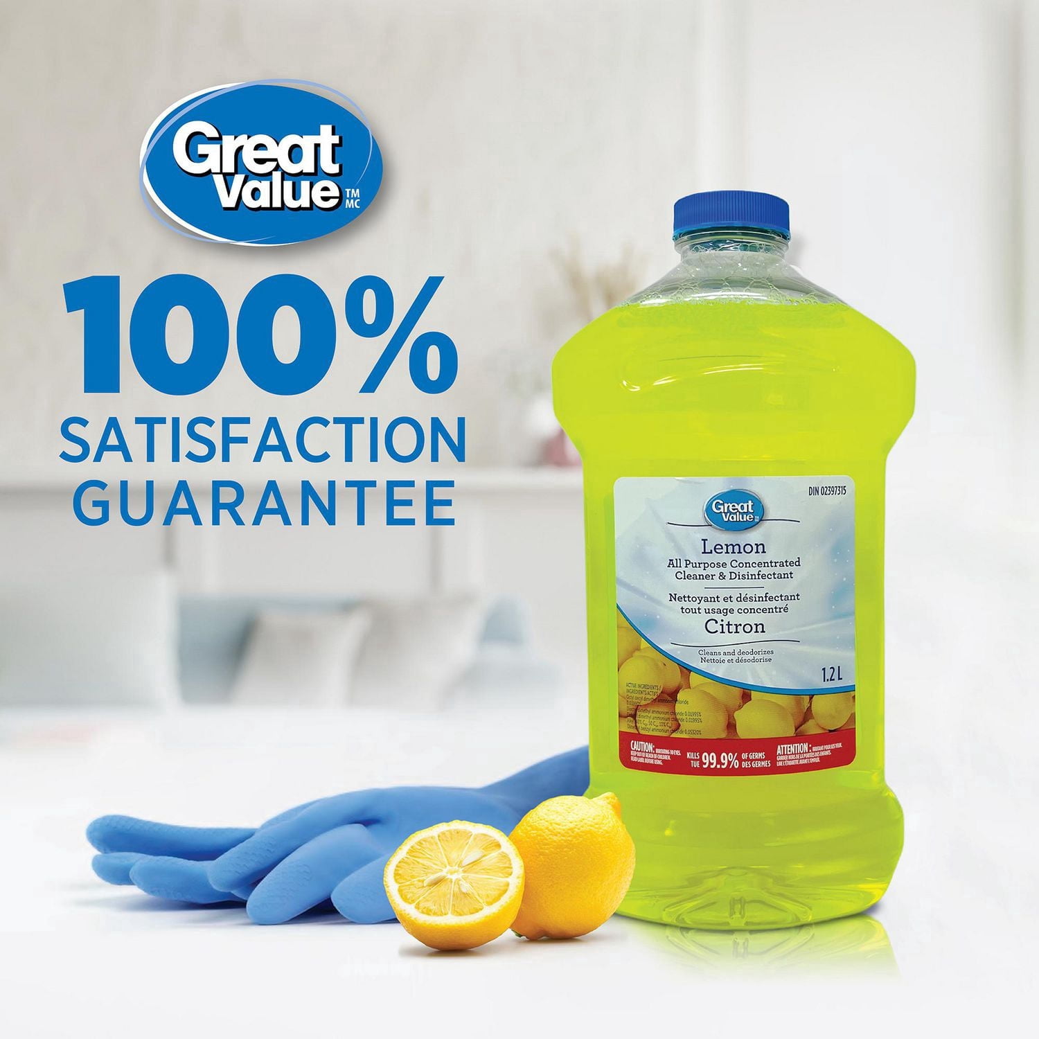 Great Value Nettoyant et Désinfectant Tout Usage Concentré, Citron, 1.2L