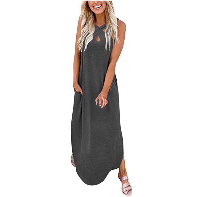 Lenago Robe Sans Manches Grande Taille pour Femmes Décontractée Ample Été Longue Robe Sans Manches Fendue Plage Maxi Robes avec Poches Robes de Plage Été en Solde