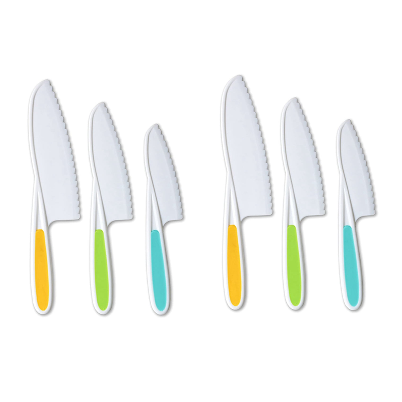 Knives for Kids 6-Piece Nylon Kitchen Baking Knife Set,Children's Cooking Knives Firm Grip, Serrated Edges,2 x green knife 2 x blue knife 2 x yellow knife,Green