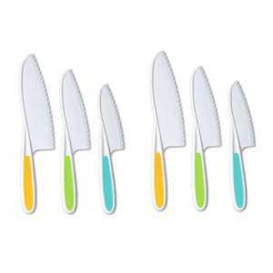 Knives for Kids 6-Piece Nylon Kitchen Baking Knife Set,Children's Cooking Knives Firm Grip, Serrated Edges,2 x green knife 2 x blue knife 2 x yellow knife,Green