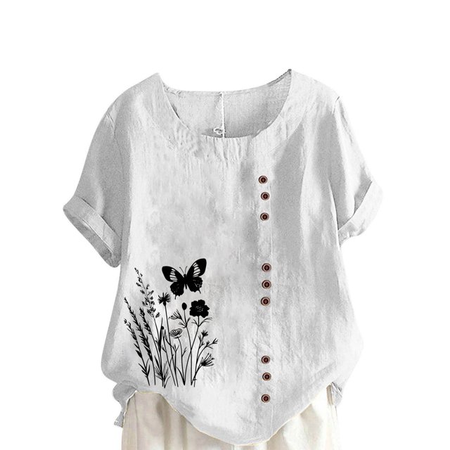 Pisexur Hauts pour Femmes Décontractés en Lin Col Rond Grande Taille Imprimé Manches Courtes T-shirt Blouse, Hauts d'Été pour Femmes Blanc, 5TG