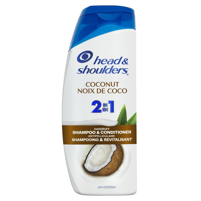 Head & Shoulders Coconut 2 in 1 Dandruff Shampoo and Conditioner bottle with blue flip-top cap and white body, featuring the brand logo, bilingual English and French text, cracked coconut image, and highlighting its anti-dandruff formula that hydrates and moisturizes scalp and hair while being color safe.
