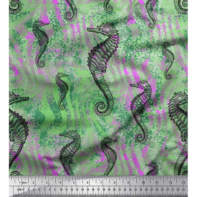 Soimoi Polyester Crepe Fabric Texture & Sea Horse Ocean Print Sewing Fabric Yard 42 Inch Wide