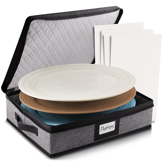 StorageBud China Platter Dinnerware Storage Container with Dividers, for Platter Sets, Padded Dinnerware Storage, Hard Shell & Stackable, Handles & Zippers for Transport