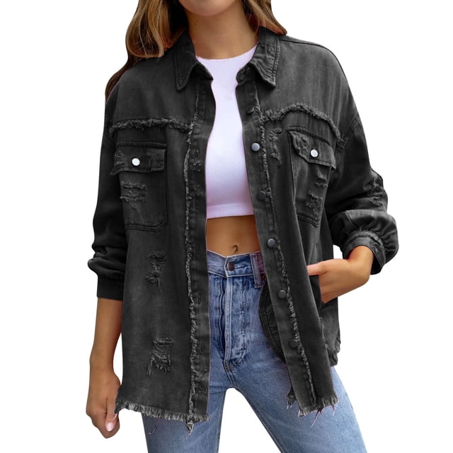 SHIXIAOO Women's Ripped Oversized Denim Jacket Casual Long Boyfriend Distressed Denim Jacket Womens Jackets Fall Casual Button down Button Jean Womens Summer Jackets Denim Jacket Lightweight Fringe