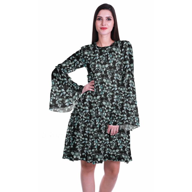 Moomaya Robe d'Été Fluide à Manches Longues Imprimée pour Femmes, Longueur Genou, Évasée