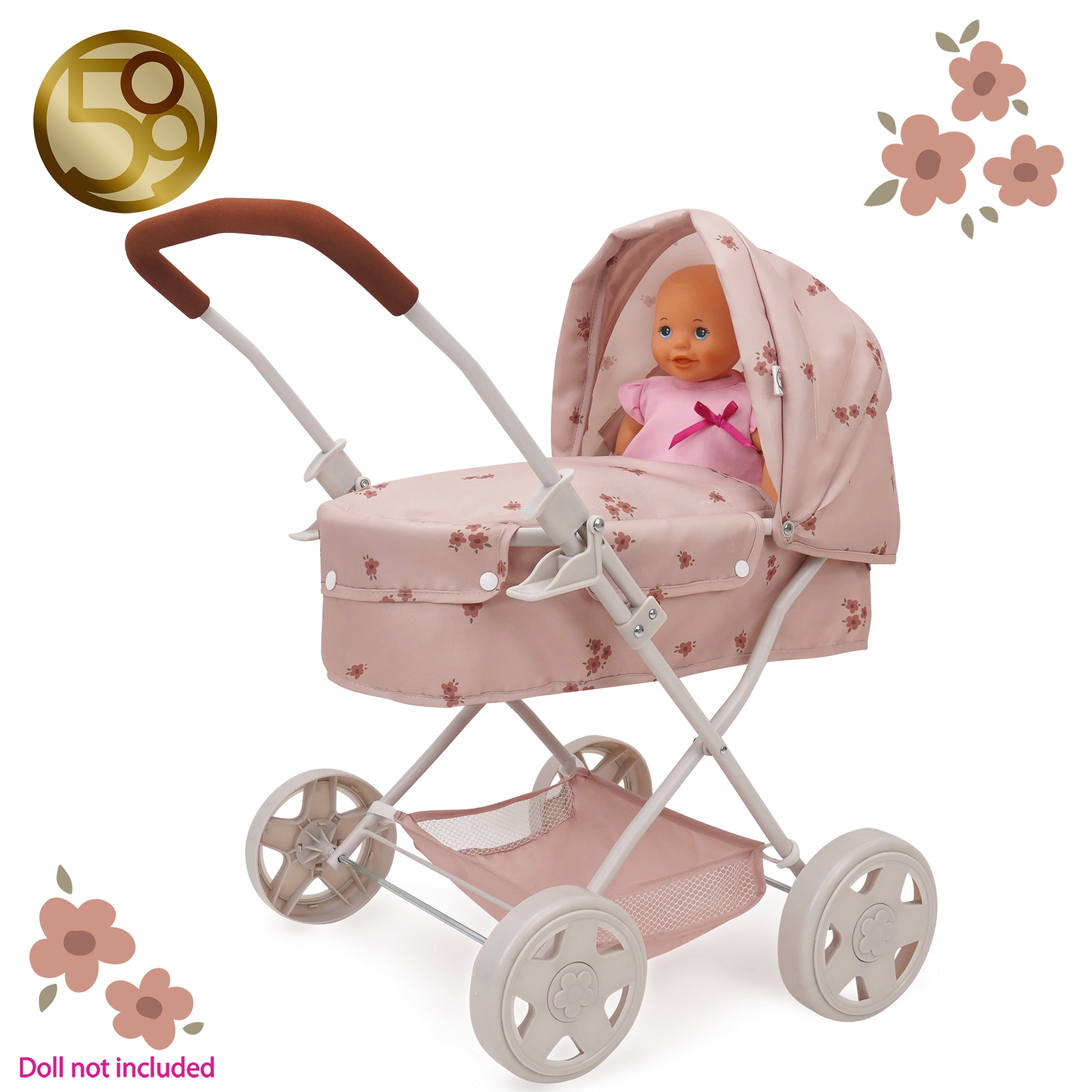 509 Crew Ballet Flora Doll Pram - Doll Pram, Kids Pretend Play, Retractable Large Canopy, Shopping Basket & Removable Carry Cot Bed. Ages 3+