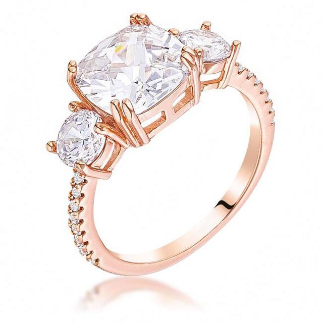 Precious Stars R08709A-C01-06 Precious Stars Rose Goldtone Cushion-Cut Cubic Zirconia 3-Stone Engagement Ring