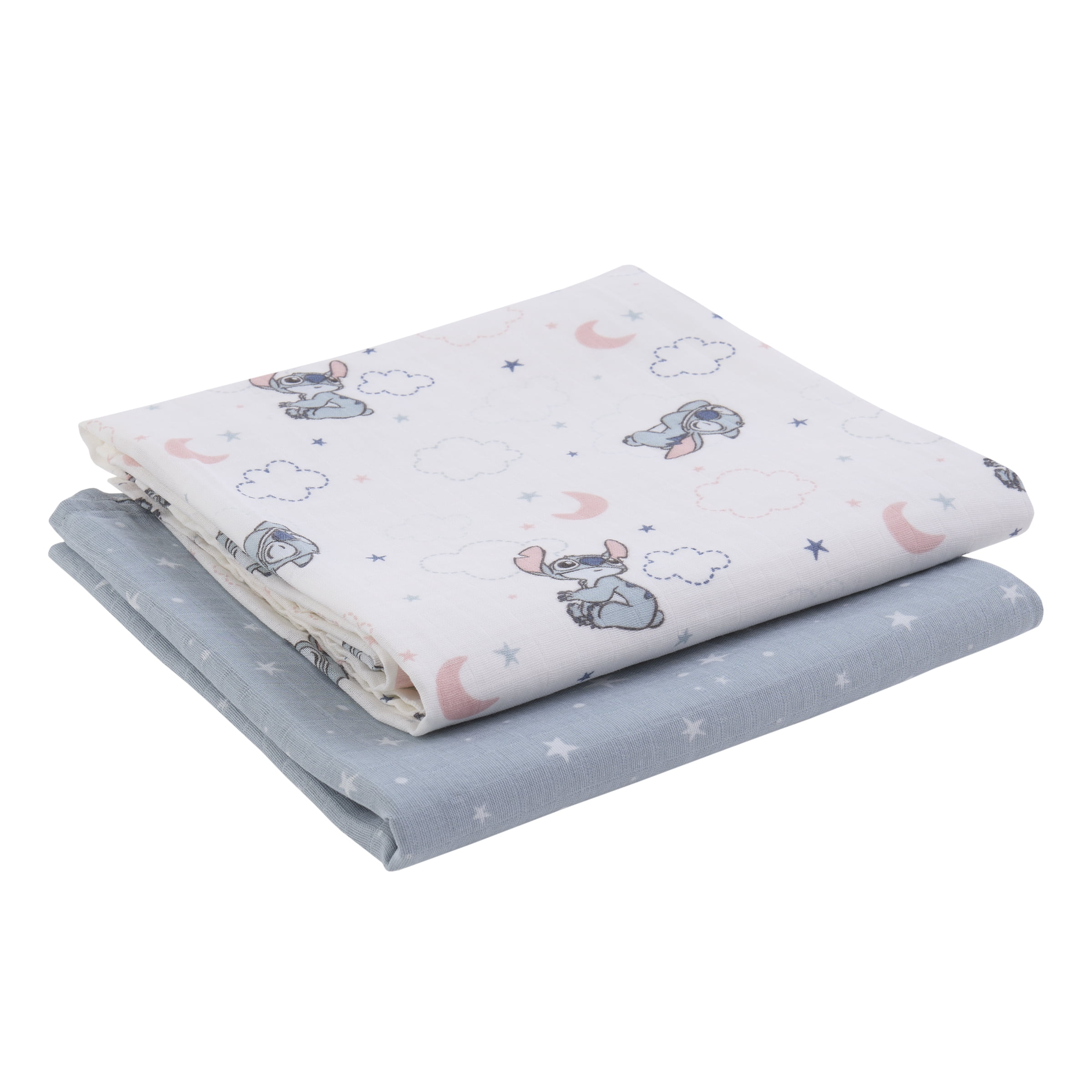 Disney Stitch Lot De 2 Couvertures d'Emmaillotage en Mousseline, 100 % Coton, Bleu, Nourrisson Garçon